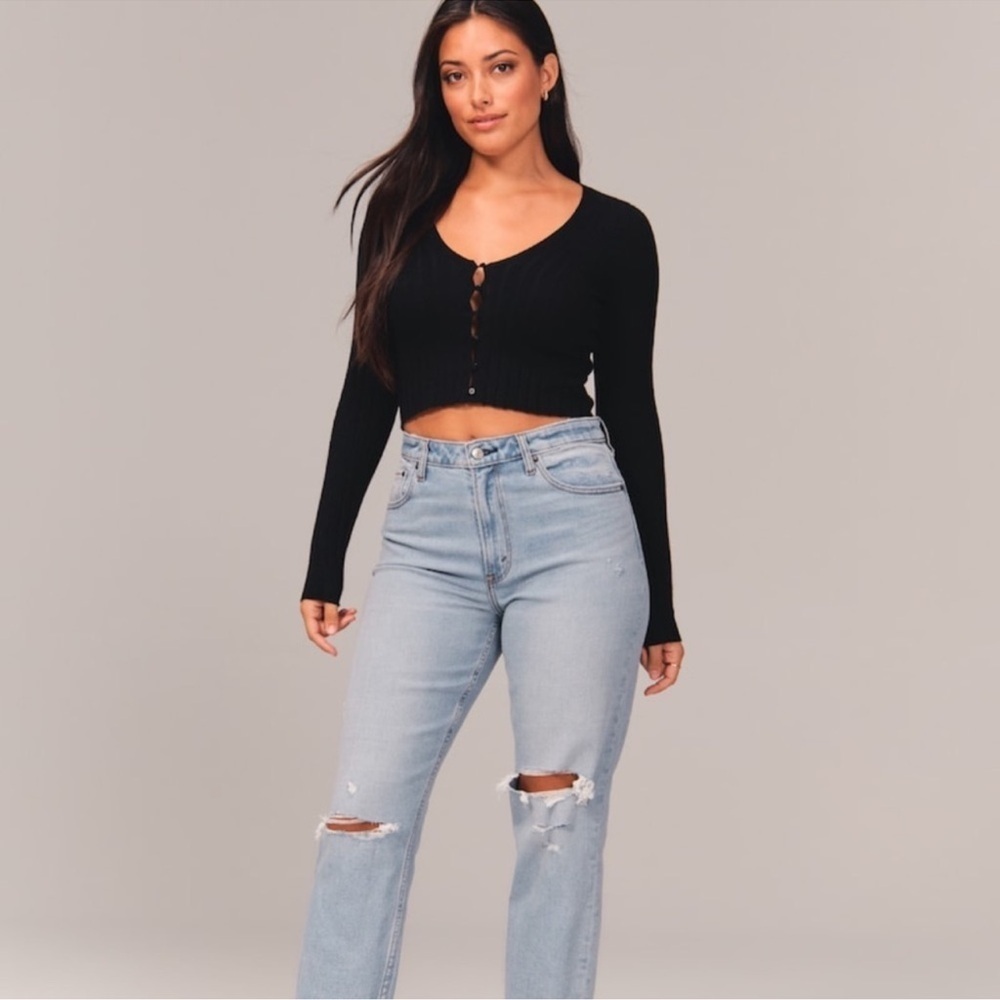 Abercrombie & Fitch Crop Cardigan Top Women’s XS Black Ribbed Y2K 90s B19